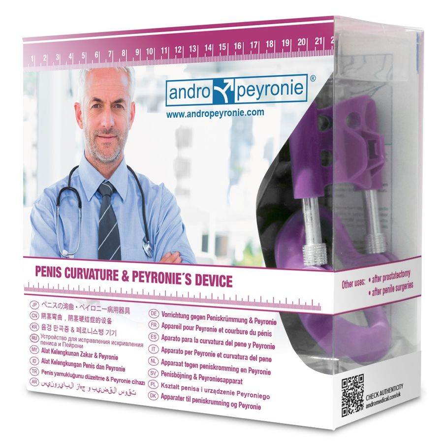 Correct penile curvature with Andropeyronie Penis Curvature Correction, a medically certified traction device for Peyronie's disease and congenital curvatures.1
